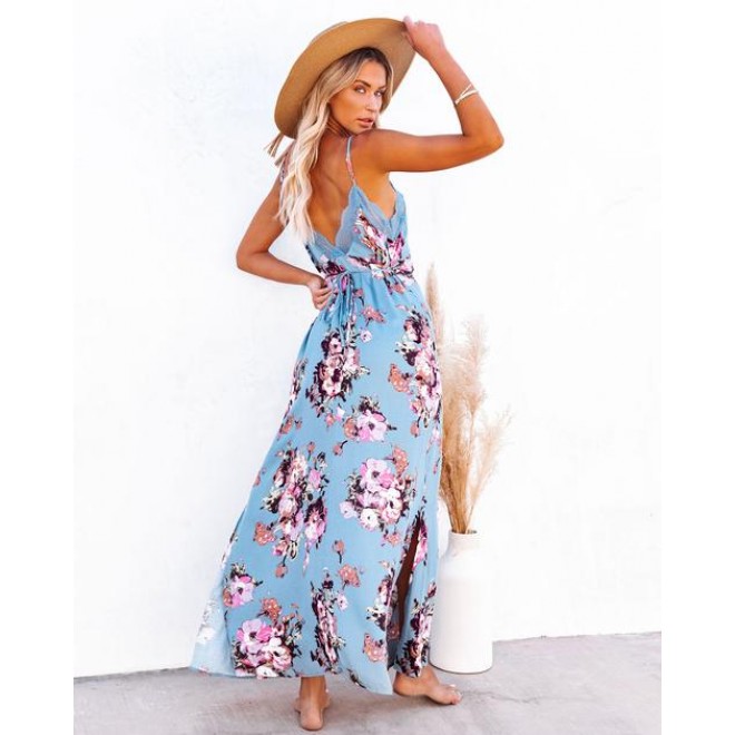 Aloe Vera Floral Slip Maxi Dress - Blue